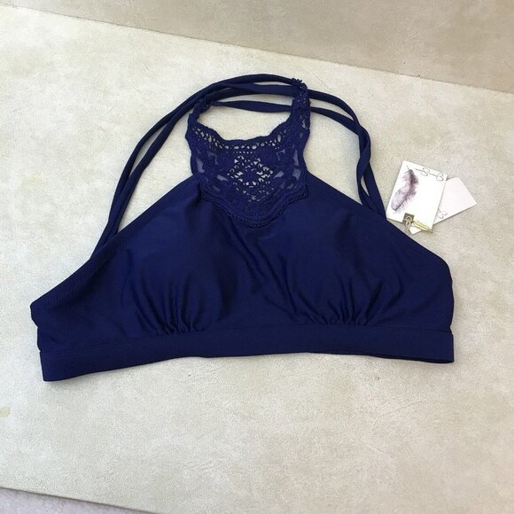 Jessica Simpson Martinique Hi-Neck Sexy Crochet Top Bikini Swimsuit Blue New - Picture 2 of 13